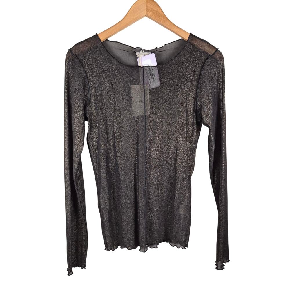 NWT Hem & Thread Black Gold Metallic Sheer Knit Top M Long Sleeve Goth Grunge